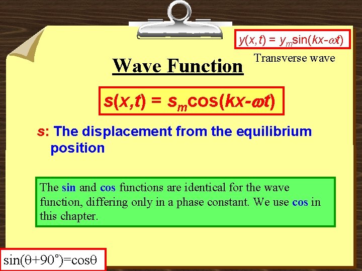 y(x, t) = ymsin(kx-wt) Transverse wave Wave Function s(x, t) = smcos(kx-wt) s: The