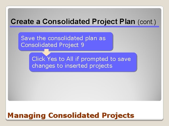 Create a Consolidated Project Plan (cont. ) Save the consolidated plan as Consolidated Project Create a Consolidated Project Plan (cont. ) Save the consolidated plan as Consolidated Project