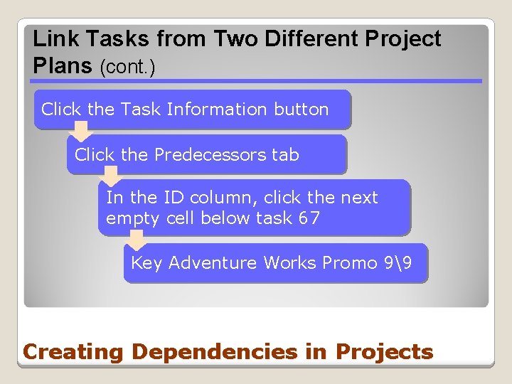Link Tasks from Two Different Project Plans (cont. ) Click the Task Information button Link Tasks from Two Different Project Plans (cont. ) Click the Task Information button