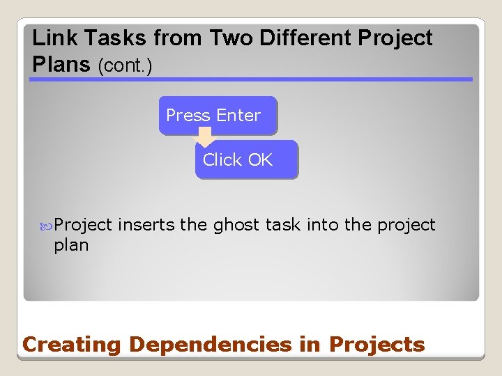 Link Tasks from Two Different Project Plans (cont. ) Press Enter Click OK Project Link Tasks from Two Different Project Plans (cont. ) Press Enter Click OK Project