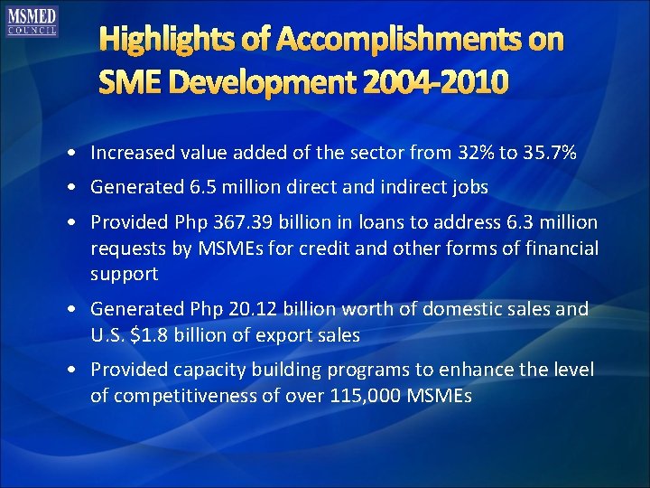 Highlights of Accomplishments on SME Development 2004 -2010 • Increased value added of the