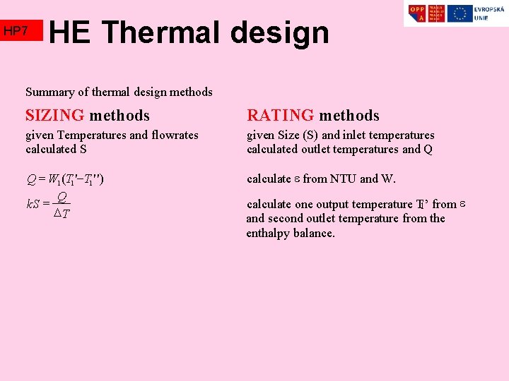 HP 7 HE Thermal design Summary of thermal design methods SIZING methods RATING methods