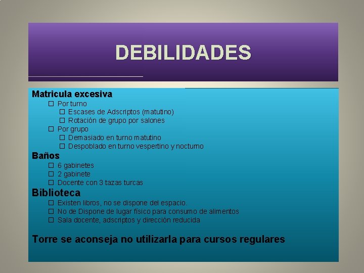 DEBILIDADES Matricula excesiva � Por turno � Escases de Adscriptos (matutino) � Rotación de