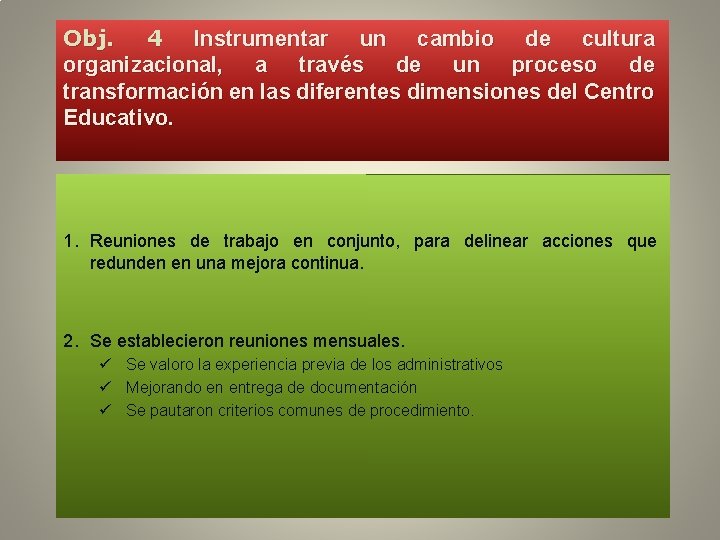Obj. 4 Instrumentar un cambio de cultura organizacional, a través de un proceso de