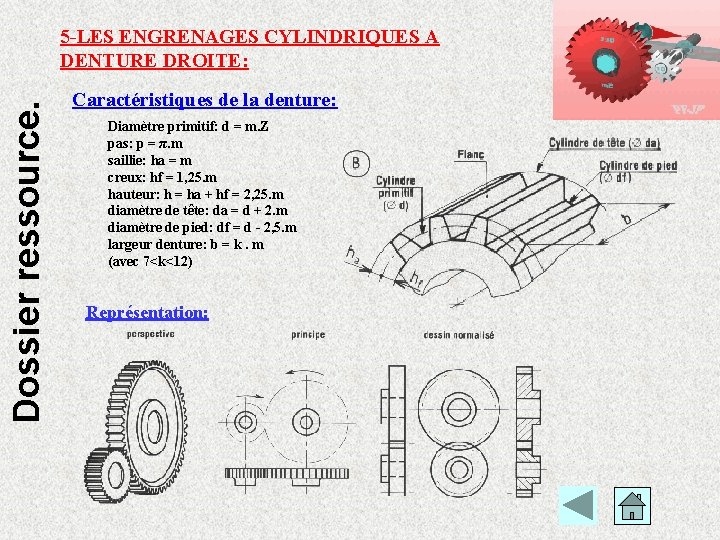 Dossier ressource. 5 -LES ENGRENAGES CYLINDRIQUES A DENTURE DROITE: Caractéristiques de la denture: Diamètre