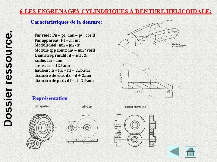6 -LES ENGRENAGES CYLINDRIQUES A DENTURE HELICOIDALE: Dossier ressource. Caractéristiques de la denture: Pas