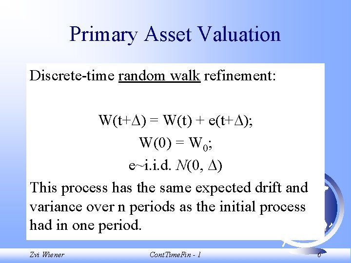 Primary Asset Valuation Discrete-time random walk refinement: W(t+ ) = W(t) + e(t+ );
