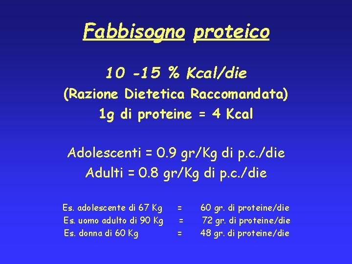 Fabbisogno proteico 10 -15 % Kcal/die (Razione Dietetica Raccomandata) 1 g di proteine =