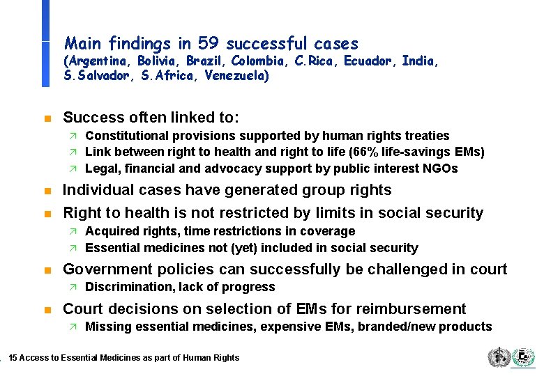 Main findings in 59 successful cases (Argentina, Bolivia, Brazil, Colombia, C. Rica, Ecuador, India,