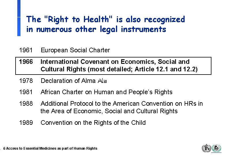 The "Right to Health" is also recognized in numerous other legal instruments 1961 European