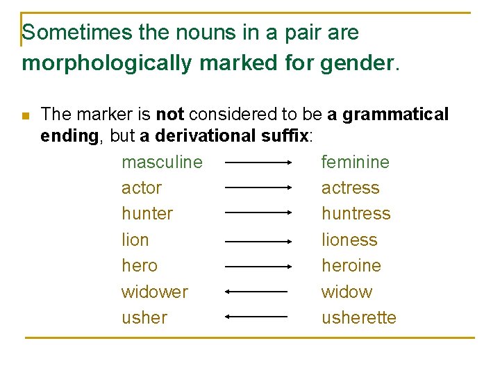 Sometimes the nouns in a pair are morphologically marked for gender. n The marker