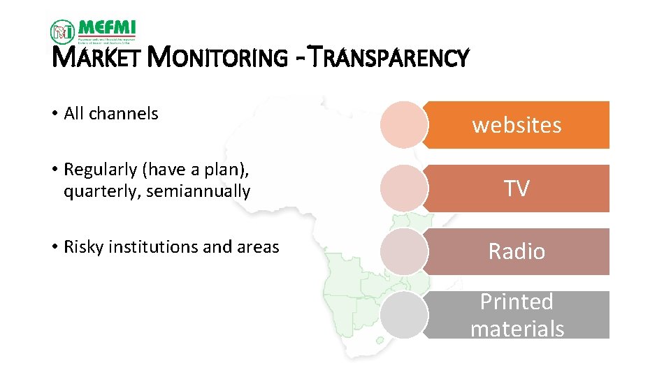 MARKET MONITORING - TRANSPARENCY • All channels • Regularly (have a plan), quarterly, semiannually