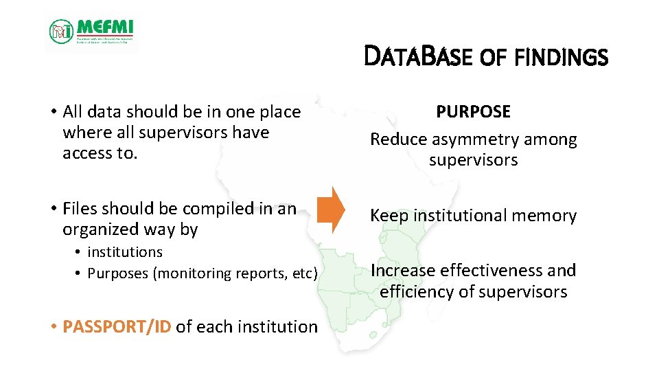 DATABASE OF FINDINGS • All data should be in one place where all supervisors