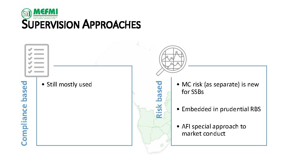  • Still mostly used Risk based Compliance based SUPERVISION APPROACHES • MC risk