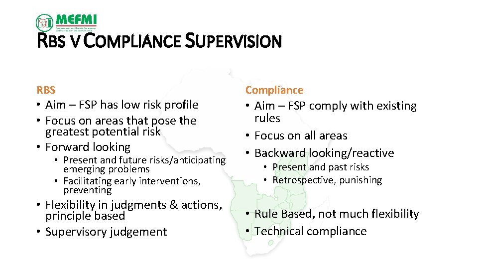 RBS V COMPLIANCE SUPERVISION RBS • Aim – FSP has low risk profile •