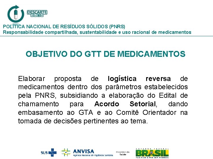 POLÍTICA NACIONAL DE RESÍDUOS SÓLIDOS (PNRS) Responsabilidade compartilhada, sustentabilidade e uso racional de medicamentos