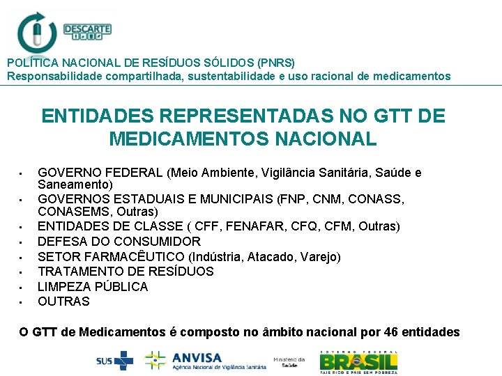 POLÍTICA NACIONAL DE RESÍDUOS SÓLIDOS (PNRS) Responsabilidade compartilhada, sustentabilidade e uso racional de medicamentos