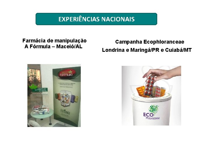 EXPERIÊNCIAS NACIONAIS Farmácia de manipulação A Fórmula – Maceió/AL Campanha Ecophloranceae Londrina e Maringá/PR