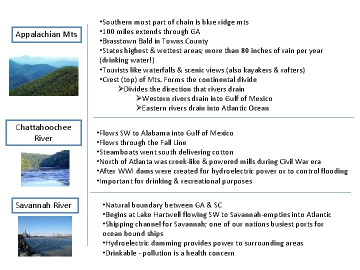 Appalachian Mts Chattahoochee River Savannah River • Southern most part of chain is blue
