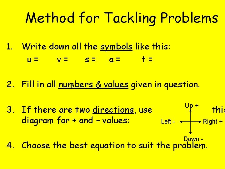Method for Tackling Problems 1. Write down all the symbols like this: u= v=