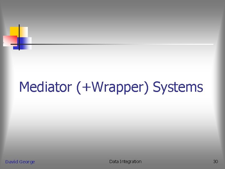 Mediator (+Wrapper) Systems David George Data Integration 30 