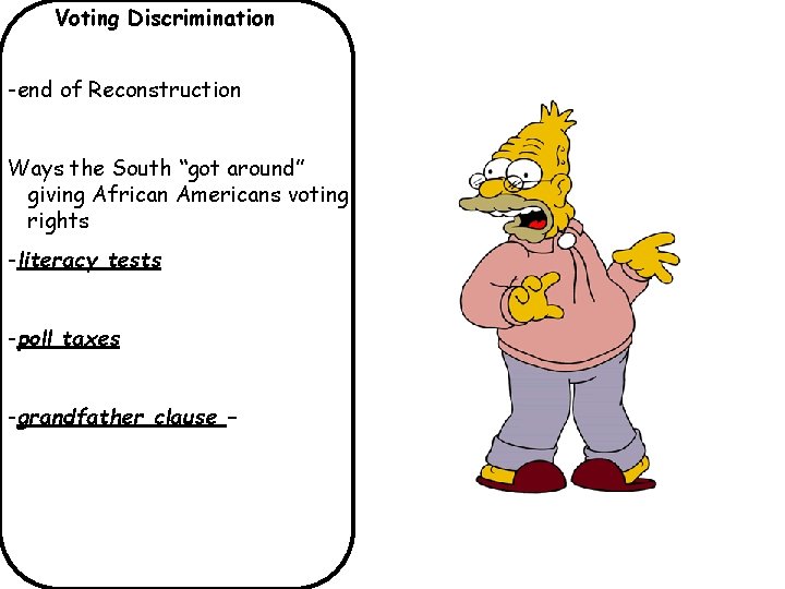 Voting Discrimination -end of Reconstruction Ways the South “got around” giving African Americans voting