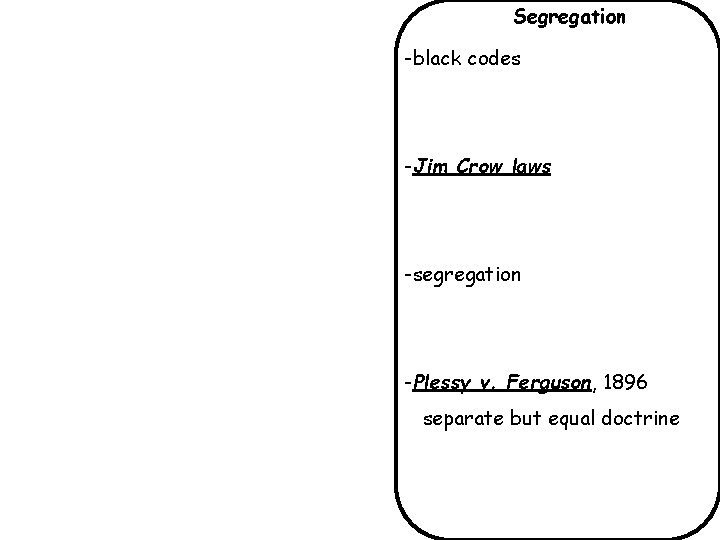 Segregation -black codes -Jim Crow laws -segregation -Plessy v. Ferguson, 1896 separate but equal