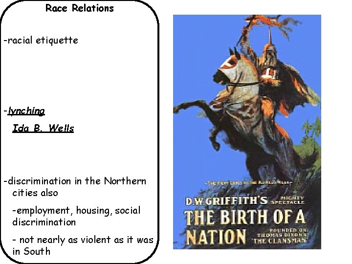 Race Relations -racial etiquette -lynching Ida B. Wells -discrimination in the Northern cities also