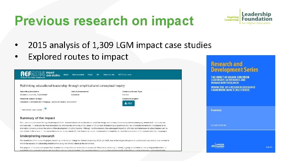 Previous research on impact • • 2015 analysis of 1, 309 LGM impact case