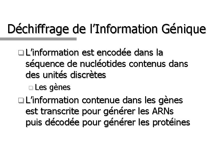 Déchiffrage de l’Information Génique q L’information est encodée dans la séquence de nucléotides contenus