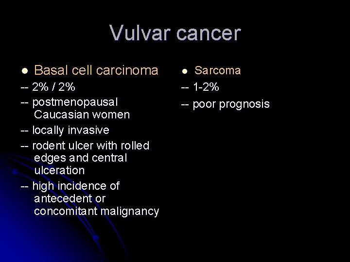 Vulvar cancer l Basal cell carcinoma -- 2% / 2% -- postmenopausal Caucasian women