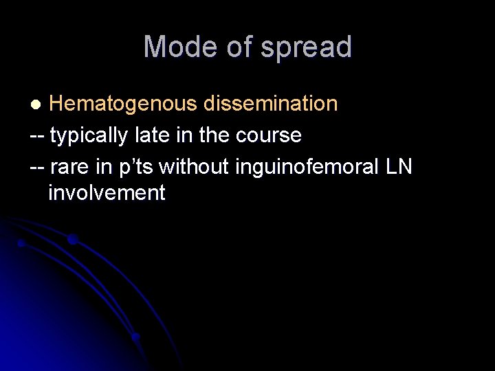 Mode of spread Hematogenous dissemination -- typically late in the course -- rare in