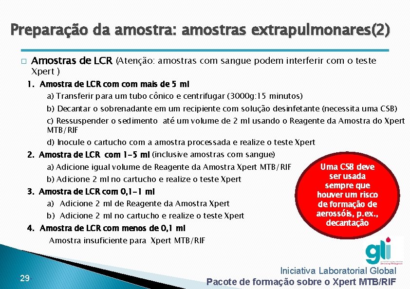 Preparação da amostra: amostras extrapulmonares(2) � Amostras de LCR (Atenção: amostras com sangue podem