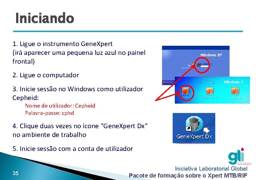 Iniciando 1. Ligue o instrumento Gene. Xpert (irá aparecer uma pequena luz azul no