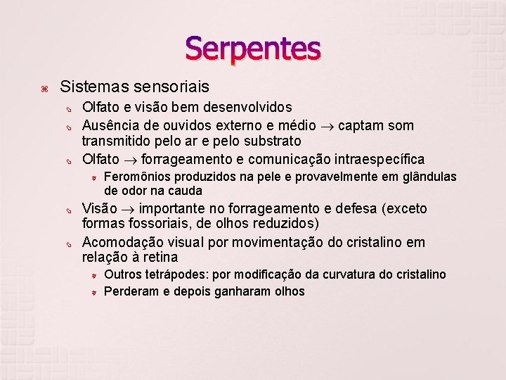 Serpentes Sistemas sensoriais Olfato e visão bem desenvolvidos Ausência de ouvidos externo e médio