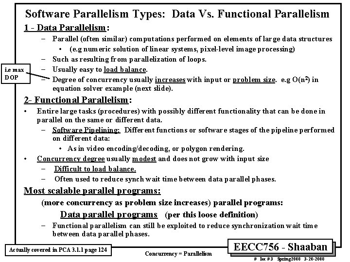 Software Parallelism Types: Data Vs. Functional Parallelism 1 - Data Parallelism: i. e max