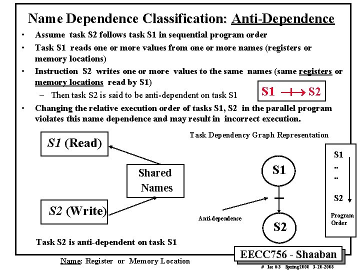 Name Dependence Classification: Anti-Dependence • • Assume task S 2 follows task S 1