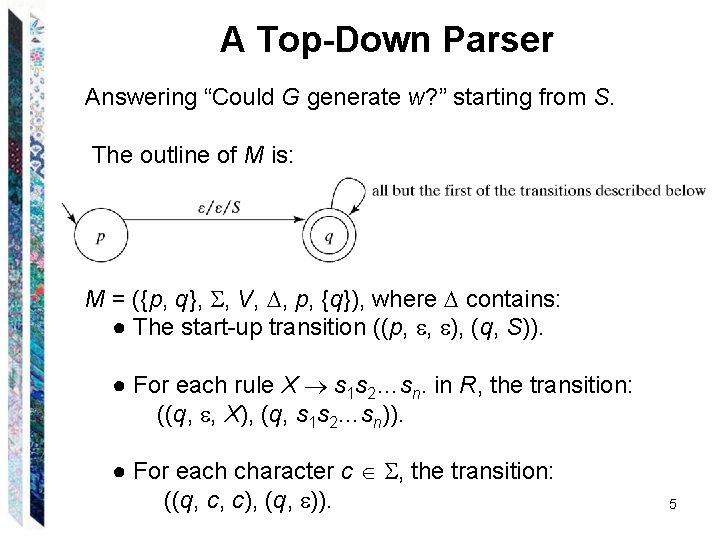 A Top-Down Parser Answering “Could G generate w? ” starting from S. The outline