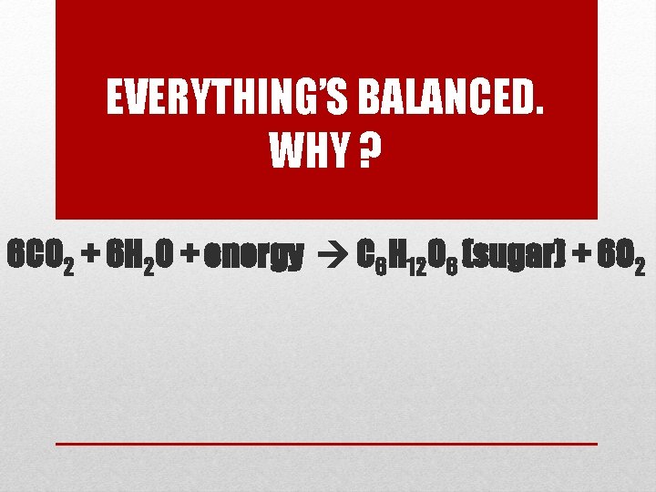 EVERYTHING’S BALANCED. WHY ? 6 CO 2 + 6 H 2 O + energy