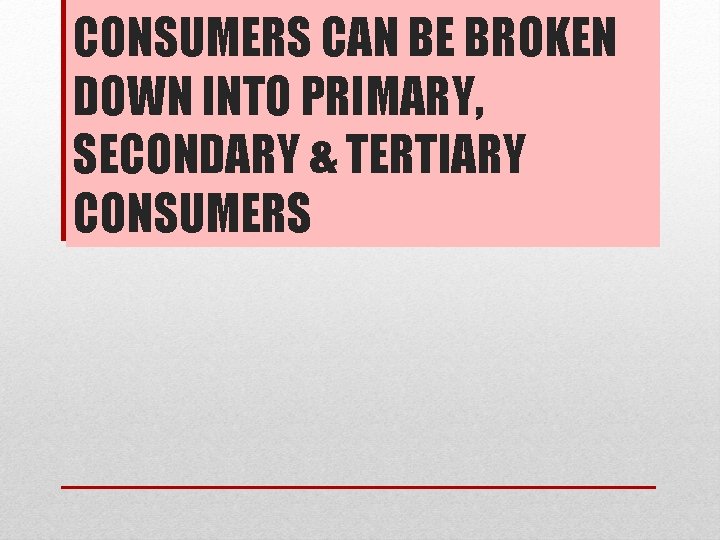 CONSUMERS CAN BE BROKEN DOWN INTO PRIMARY, SECONDARY & TERTIARY CONSUMERS 