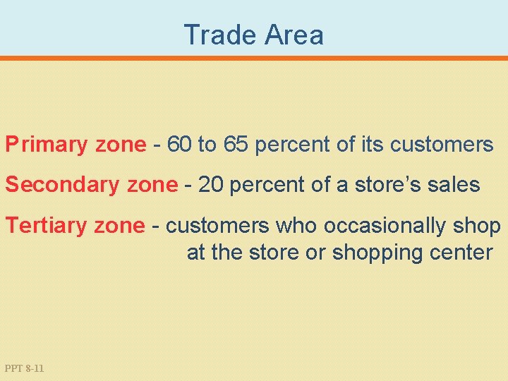 Trade Area Primary zone - 60 to 65 percent of its customers Secondary zone