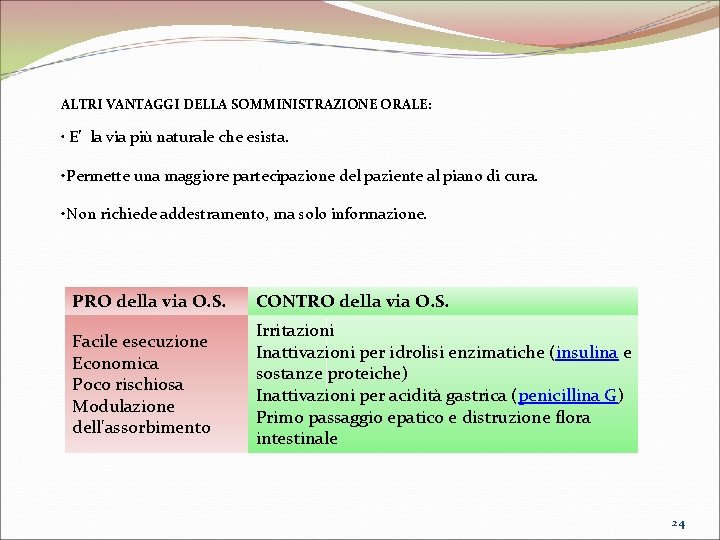  ALTRI VANTAGGI DELLA SOMMINISTRAZIONE ORALE: • E’ la via più naturale che esista.