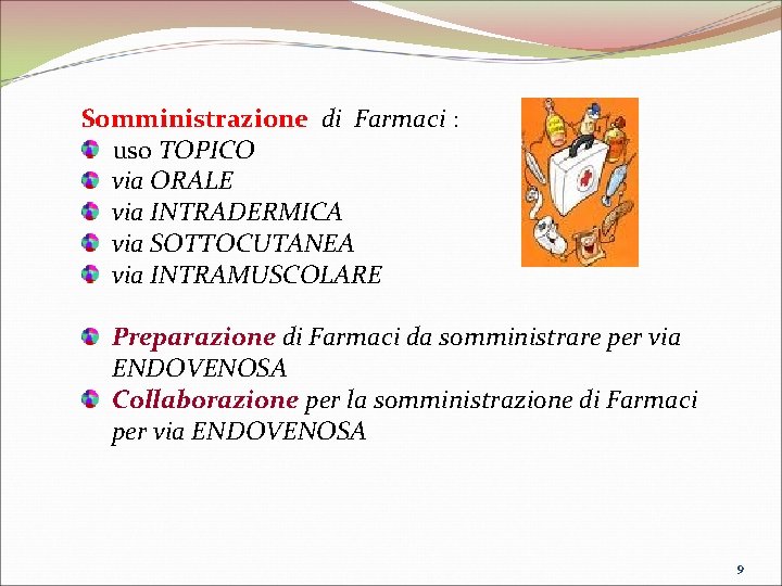 Somministrazione di Farmaci : uso TOPICO via ORALE via INTRADERMICA via SOTTOCUTANEA via INTRAMUSCOLARE