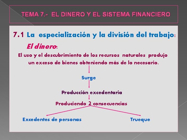 TEMA 7. - EL DINERO Y EL SISTEMA FINANCIERO 7. 1 La especialización y