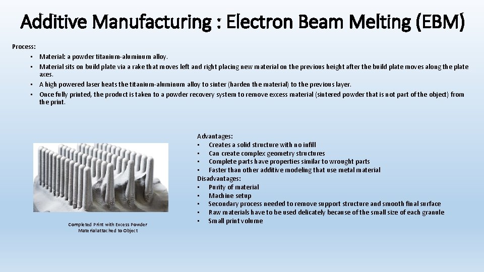 Additive Manufacturing : Electron Beam Melting (EBM) Process: • Material: a powder titanium-aluminum alloy.
