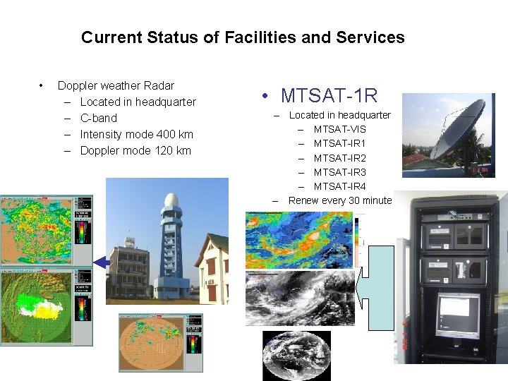 Current Status of Facilities and Services • Doppler weather Radar – Located in headquarter
