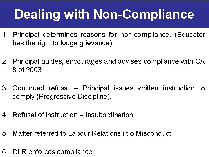 Dealing with Non-Compliance 1. Principal determines reasons for non-compliance. (Educator has the right to