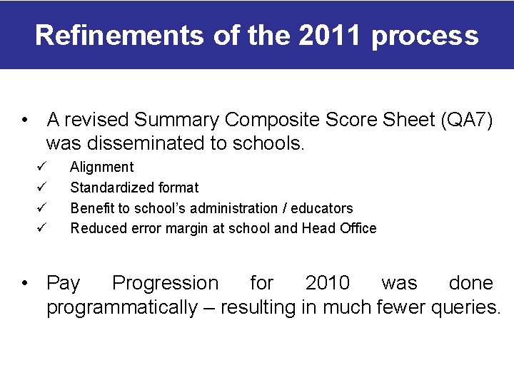 Refinements of the 2011 process • A revised Summary Composite Score Sheet (QA 7)