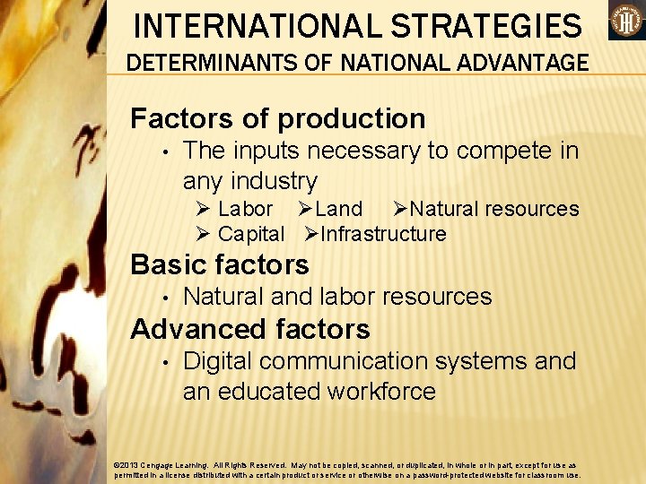 INTERNATIONAL STRATEGIES DETERMINANTS OF NATIONAL ADVANTAGE Factors of production • The inputs necessary to