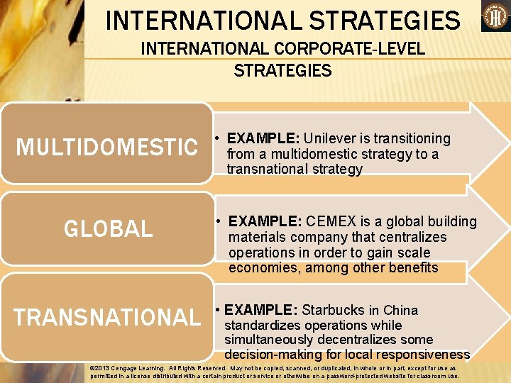INTERNATIONAL STRATEGIES INTERNATIONAL CORPORATE-LEVEL STRATEGIES MULTIDOMESTIC GLOBAL TRANSNATIONAL • EXAMPLE: Unilever is transitioning from